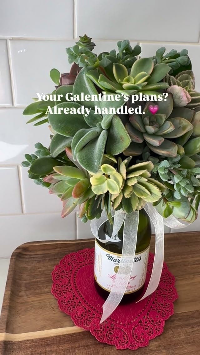 A succulent bouquet tied with ribbon on a wine bottle