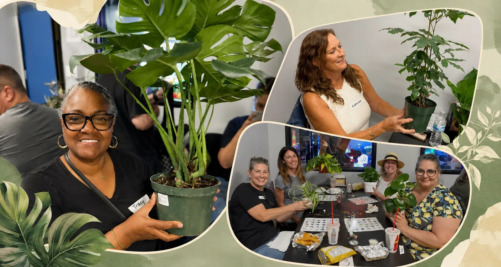 Collage of guests at a plant bingo night in Chino Hills holding potted plants