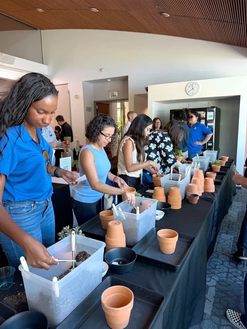Office guests potting succulents along a plant bar of terracotta pots and soil bins